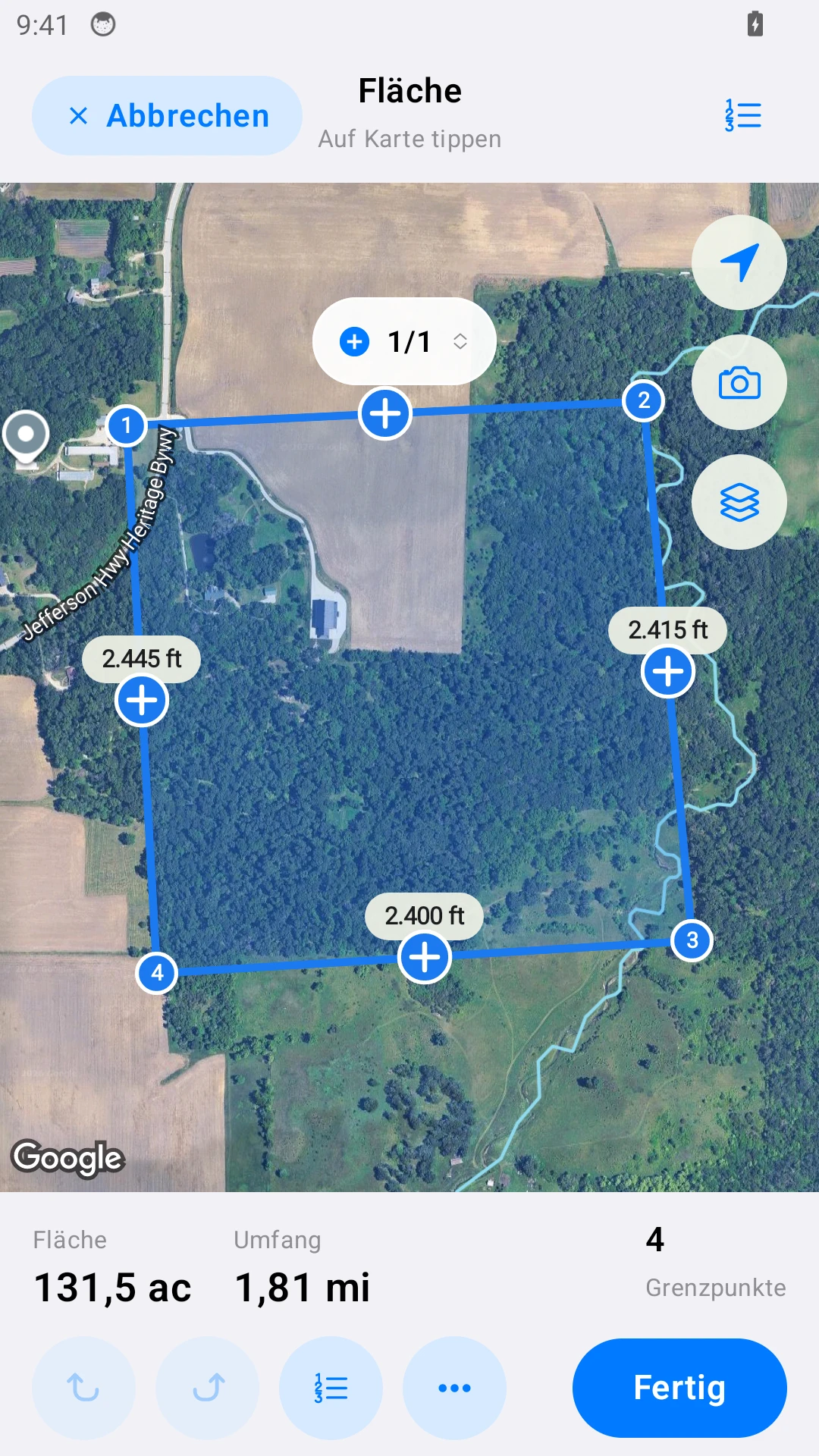Feldmessung auf Android mit Beispieldaten.