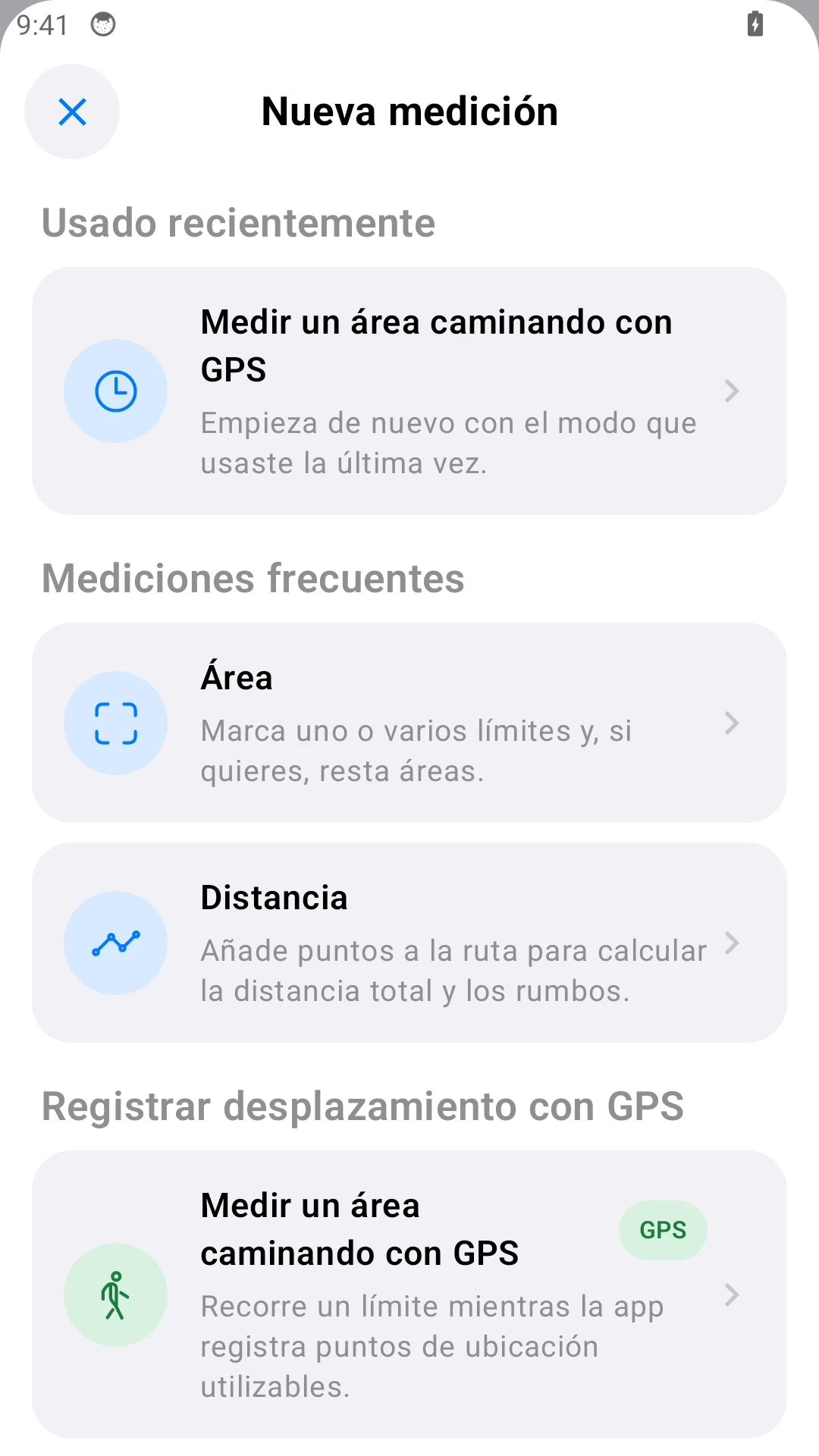 Menú de Android: elige Distancia para un tramo de cerca.