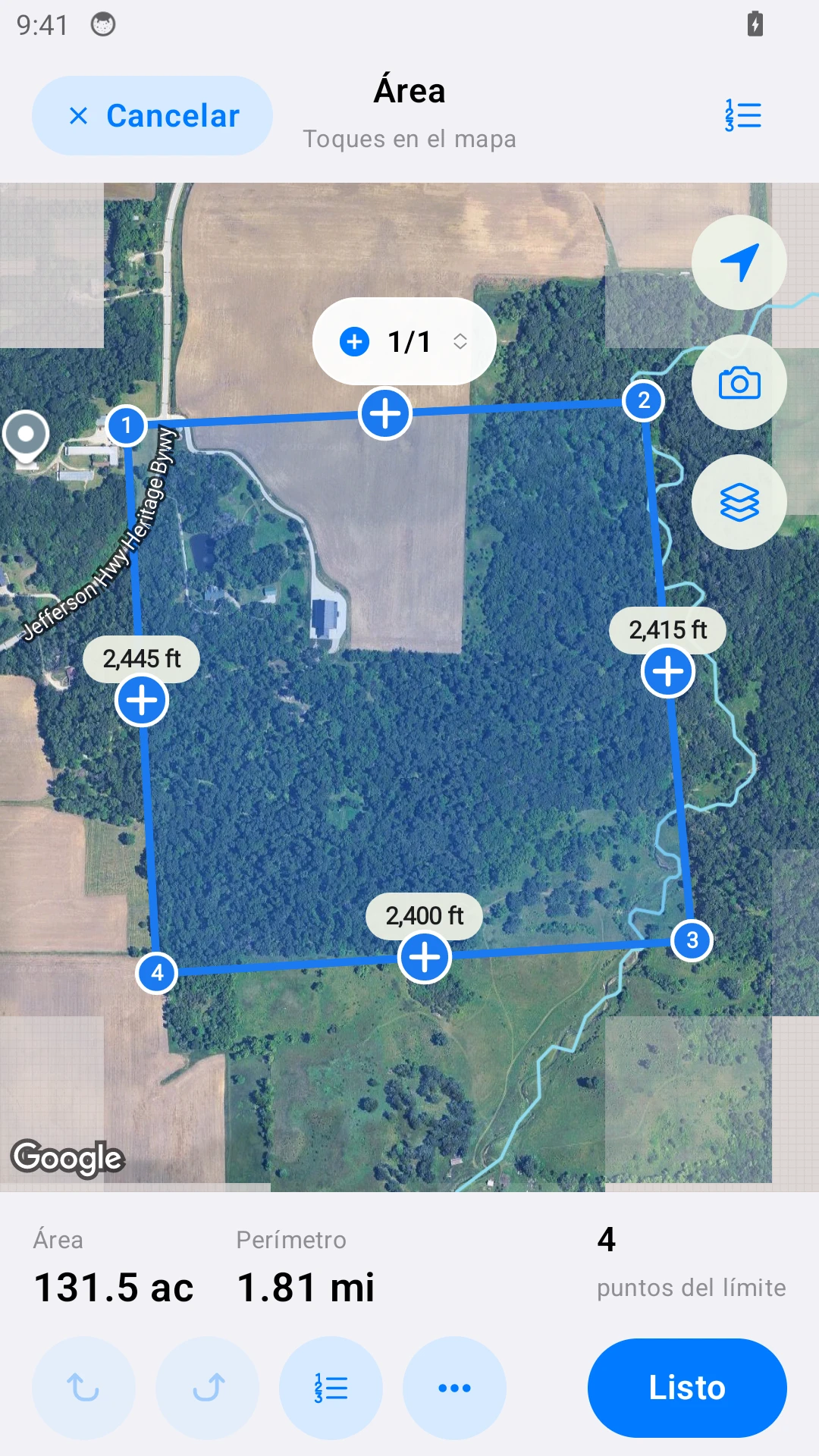 Medición de un campo en Android con datos de ejemplo.