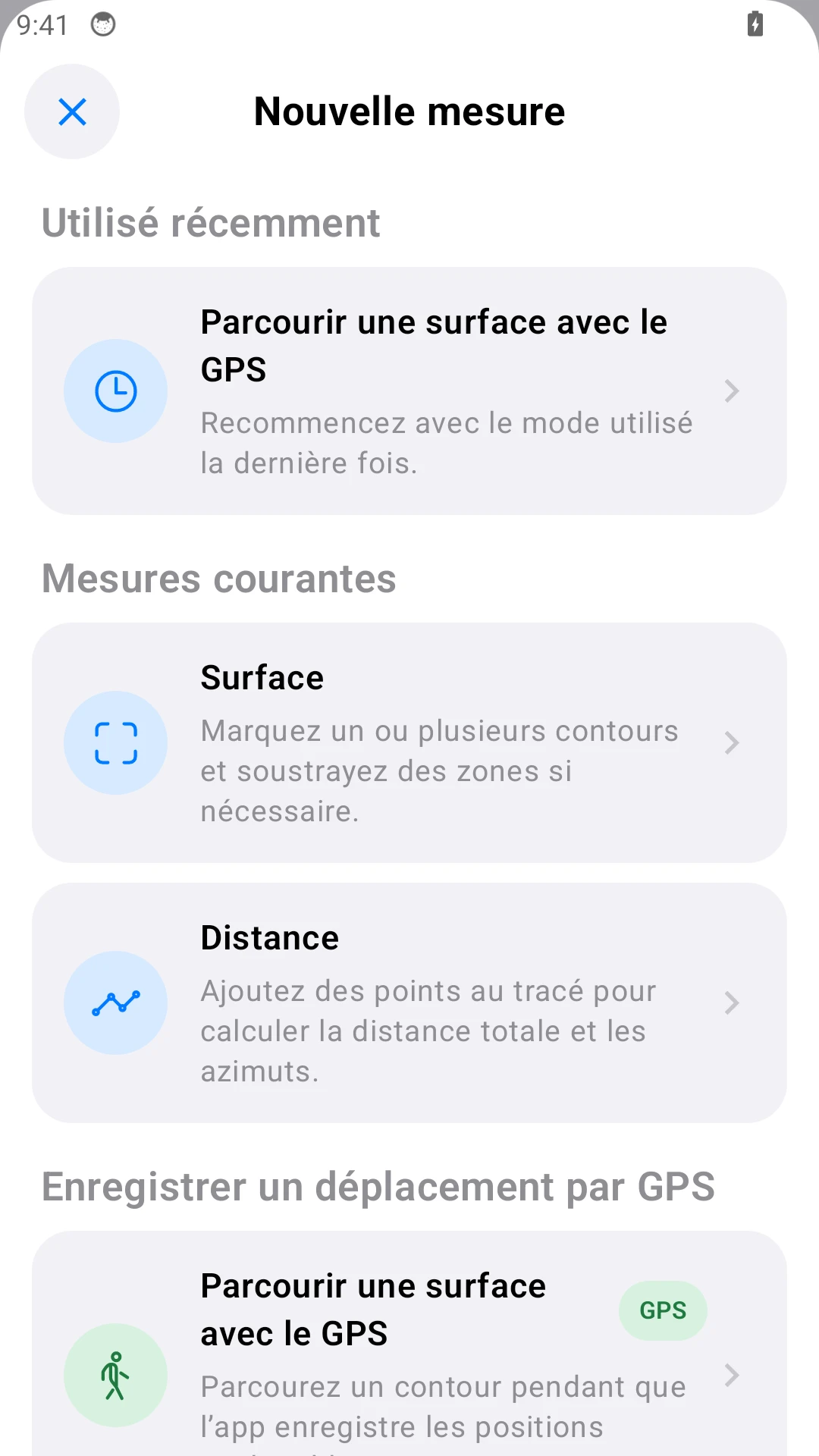 Menu Android : choisissez Distance pour une portion de clôture.