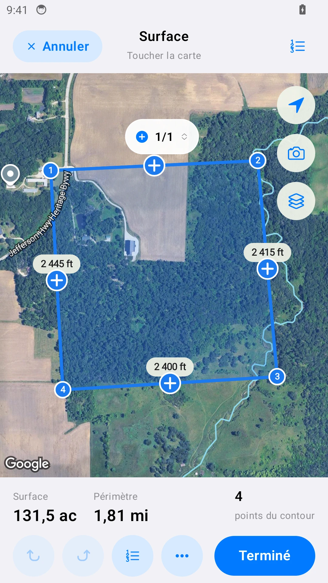 Mesure d’un champ sur Android, avec des données d’exemple.