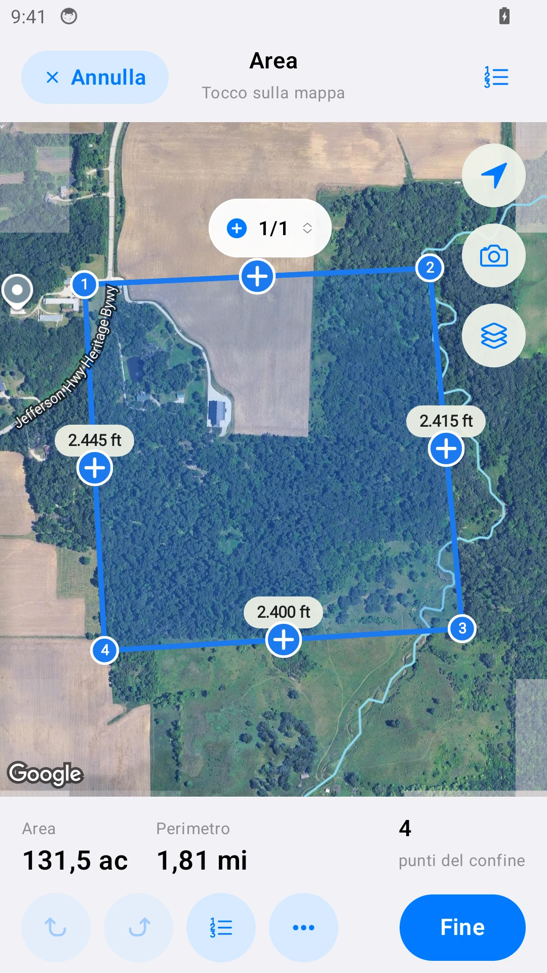 Misurazione di un campo su Android con dati di esempio.