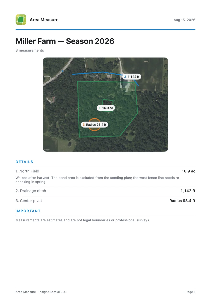 Collection report page with numbered measurements