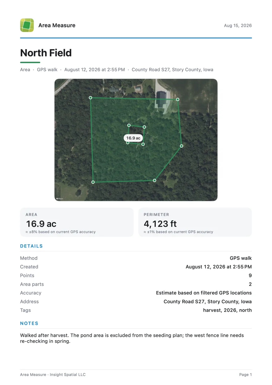 PDF report page with annotated satellite map and measurement statistics