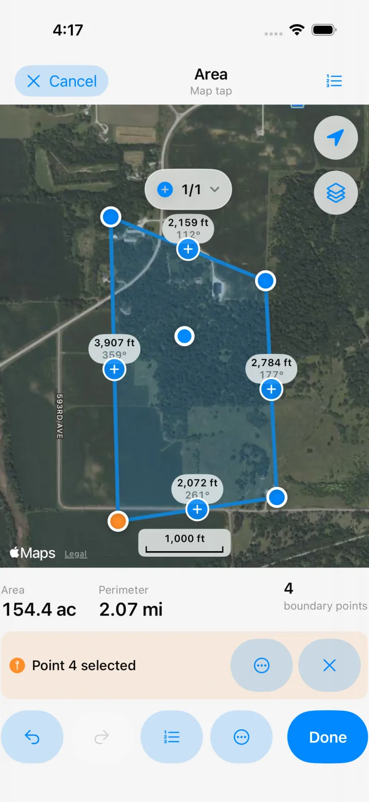 Measuring a field boundary on a satellite map with live area and per-segment distances