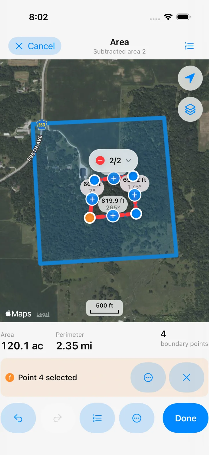 Multiple regions and interior cutouts — subtract ponds or buildings to get net area.