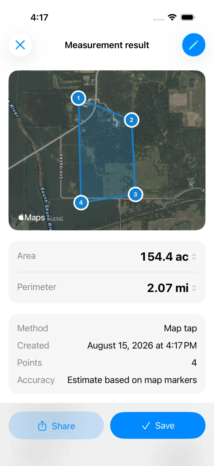 Measurement result with area, perimeter, and GPS accuracy estimate